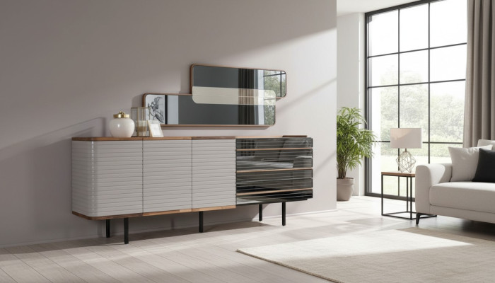 Mobile contenitore bianco con specchio in legno per sala da pranzo.
