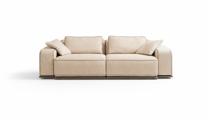 Divano a tre posti moderno beige in tessuto.