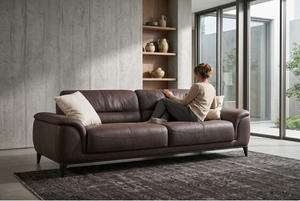 Divano imbottito tre posti Divano Sofa a 3 posti in tessuto marrone.