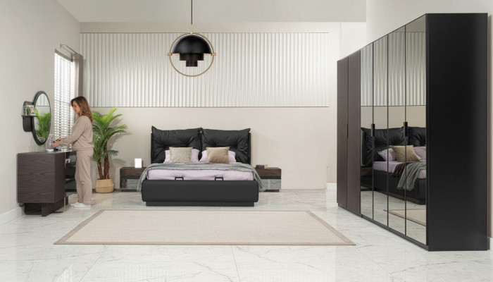 Set da camera da letto con letto matrimoniale, letto, comodini 6 pezzi nero.  Set da camera da letto con letto matrimoniale, letto e comodini 6 pezzi nero.