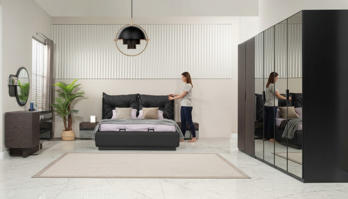 Doppia federa per letto camera da letto letto comodini neri Set 6 pezzi