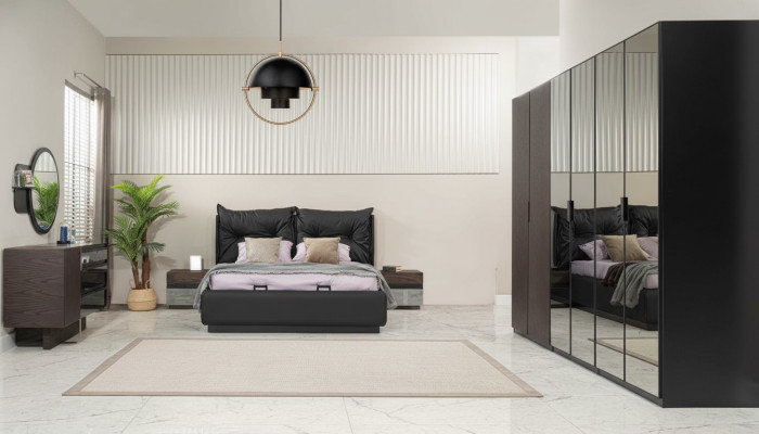 Doppia federa per letto camera da letto letto comodini neri Set 6 pezzi