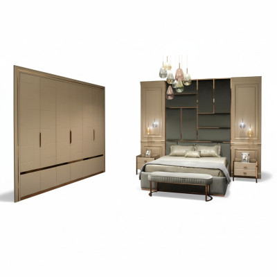 Set da camera da letto di lusso con letto matrimoniale e comodini beige 6 pezzi