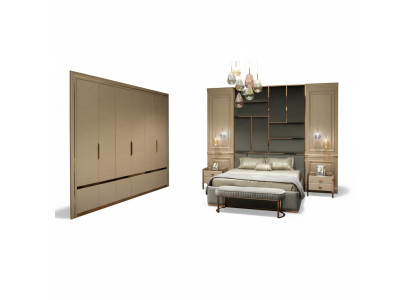 Set da camera da letto di lusso con letto matrimoniale e comodini beige 6 pezzi