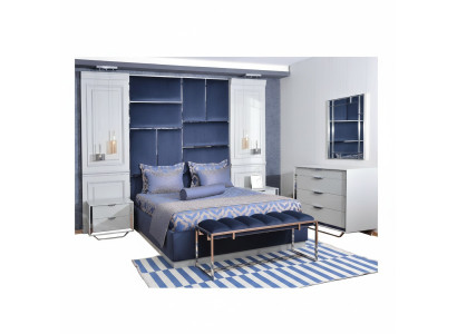 Set da camera da letto con letto matrimoniale, comodini e 7 pezzi blu del gruppo di design Schlafzimmer.  Set da camera da letto con letto matrimoniale, comodini e 7 pezzi del gruppo di design blu Schlafzimmer.