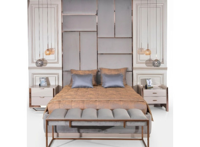 Set di lenzuola di lusso per camera da letto con letto matrimoniale e comodini, 5 pezzi, beige.