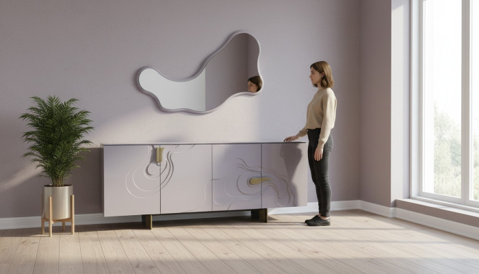 Mobile d'appoggio con specchio in legno rosa per sala da pranzo.