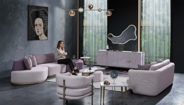 Soggiorno Divano Set Grigio Rosa Grandi Divani in Tessuto Moderni 5 Pezzi.