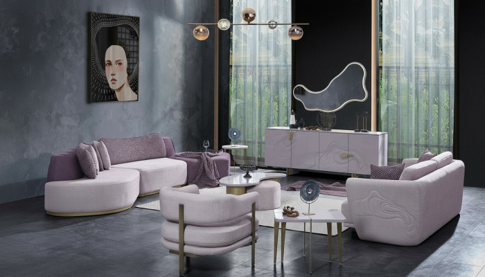 Soggiorno Divano Set Grigio Rosa Grandi Divani in Tessuto Moderni 5 Pezzi.