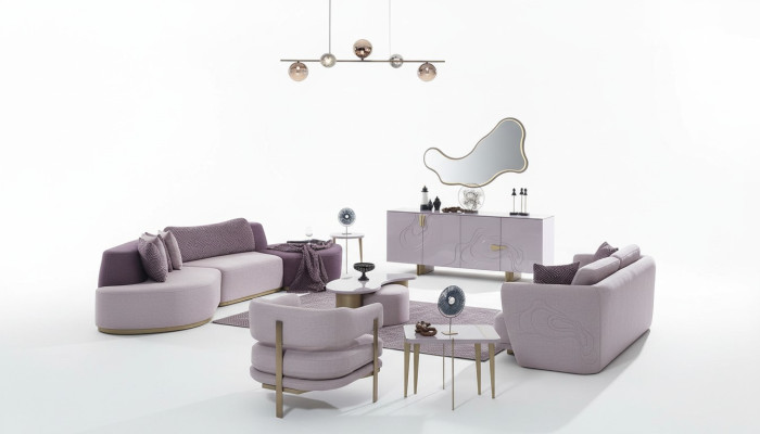 Soggiorno Divano Set Grigio Rosa Grandi Divani in Tessuto Moderni 5 Pezzi.