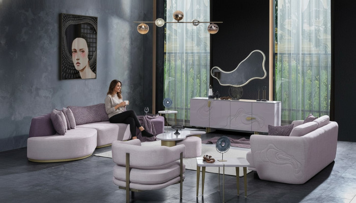 Divani in tessuto Set di divani Grandi paesaggi abitativi Rosa 3 pezzi Divano moderno