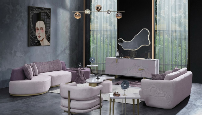 Divani in tessuto Set di divani Grandi paesaggi abitativi Rosa 3 pezzi Divano moderno