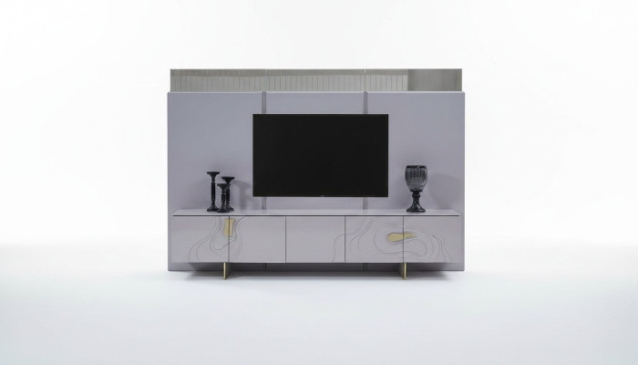 Mobile TV basso rosa in legno moderno per salotto.