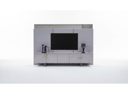 Mobile TV basso rosa in legno moderno per salotto.