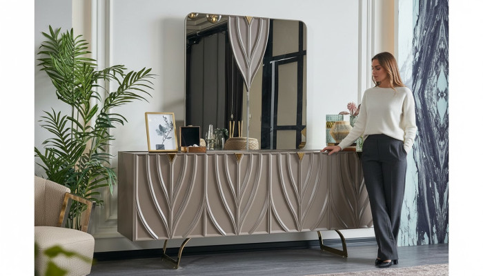 Mobile bar con specchio in legno marrone per sala da pranzo.