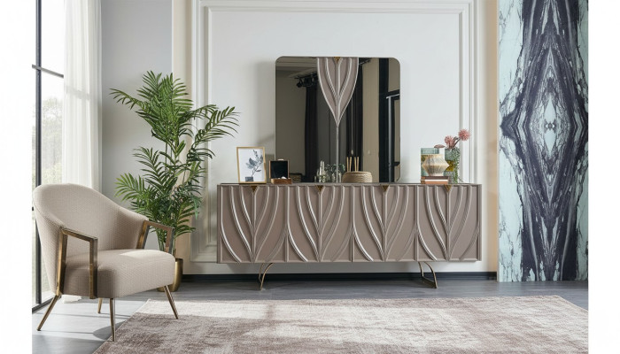 Mobile bar con specchio in legno marrone per sala da pranzo.