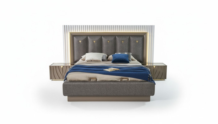 Letto matrimoniale completo con 3 pezzi, tavolini in legno, marrone.