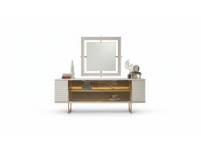 Mobili da sala da pranzo con specchio in legno color beige, credenza.
