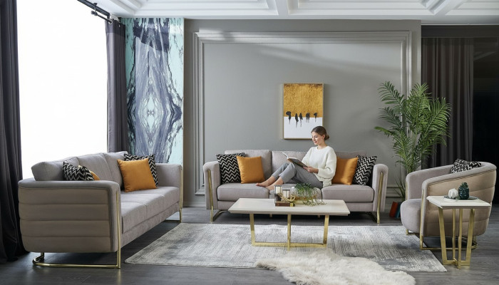Set di divani in tessuto grigio moderno, composto da 3 pezzi.