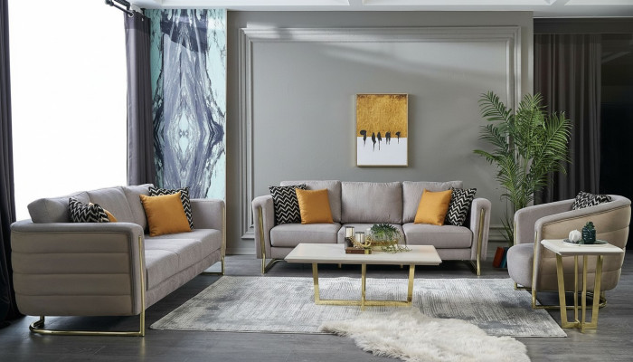 Set di divani in tessuto grigio moderno, composto da 3 pezzi.