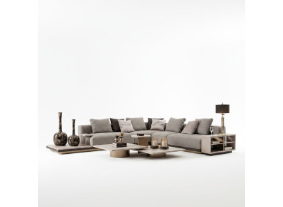 Divano ad angolo a forma di L, divano paesaggistico imbottito in tessuto grigio moderno.