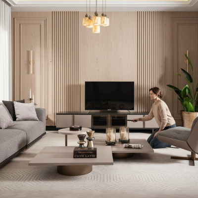 Soggiorno Set poltrona RTV mobiletto TV Tavolini da caffè Legno Beige 6 pezzi