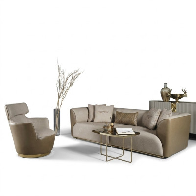 Divano a tre posti, poltrona, divano in tessuto beige, divano imbottito, set di divani.