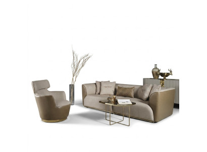 Divano a tre posti, poltrona, divano in tessuto beige, divano imbottito, set di divani.