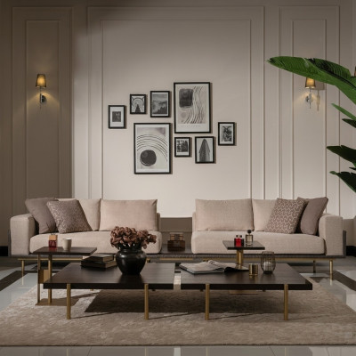 Gruppo soggiorno divano tavolini 4 pezzi divano in tessuto beige legno moderno