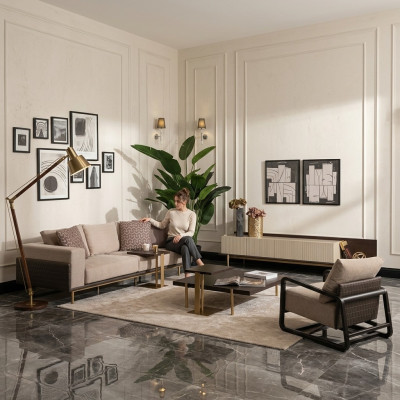 Soggiorno completo divano tavolini 6 pezzi divano in tessuto beige legno moderno.