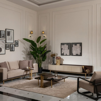 Soggiorno completo divano tavolini 6 pezzi divano in tessuto beige legno moderno.