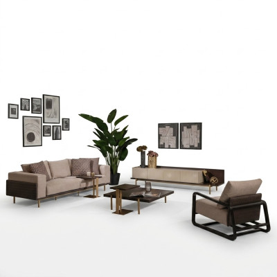 Soggiorno completo divano tavolini 6 pezzi divano in tessuto beige legno moderno.