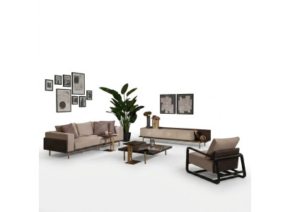 Soggiorno completo divano tavolini 6 pezzi divano in tessuto beige legno moderno.