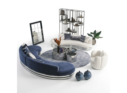 Set di divani completo in tessuto divano imbottito divano blu 3 pz.