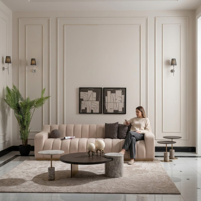 Set soggiorno divano a tre posti tavolini 4 pezzi divano in stoffa beige legno  Set soggiorno divano a tre posti tavolini 4 pezzi divano in stoffa beige legno