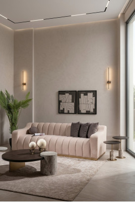 Set soggiorno divano a tre posti tavolini 4 pezzi divano in stoffa beige legno  Set soggiorno divano a tre posti tavolini 4 pezzi divano in stoffa beige legno