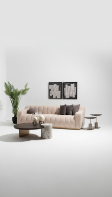 Set soggiorno divano a tre posti tavolini 4 pezzi divano in stoffa beige legno  Set soggiorno divano a tre posti tavolini 4 pezzi divano in stoffa beige legno