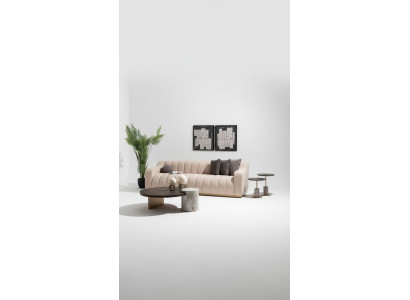 Set soggiorno divano a tre posti tavolini 4 pezzi divano in stoffa beige legno  Set soggiorno divano a tre posti tavolini 4 pezzi divano in stoffa beige legno