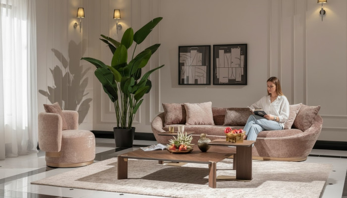 Set di divani in tessuto divano a tre posti poltrona beige.