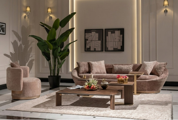 Set di divani in tessuto divano a tre posti poltrona beige.