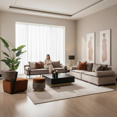 Divano completo 431 in tessuto grigio con poltrona, divani e tavolo.