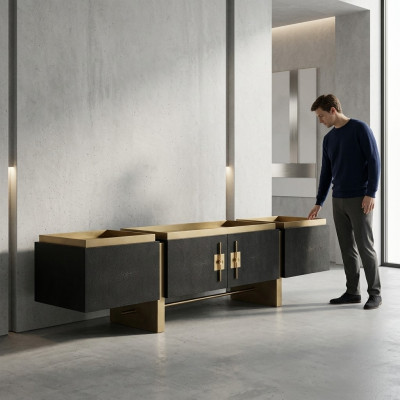 Mobile porta TV basso in legno nero dal design moderno con dettagli dorati