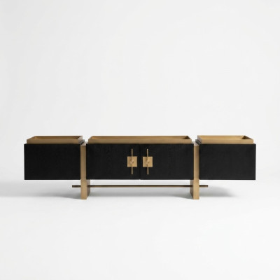 Mobile porta TV basso in legno nero dal design moderno con dettagli dorati