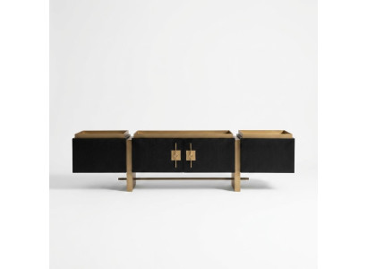 Mobile porta TV basso in legno nero dal design moderno con dettagli dorati