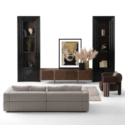 Set di 3 pezzi moderno in beige per divano angolare, poltrona, divano in tessuto, TV e mobile basso.   Set di 3 pezzi moderno in beige per divano ad angolo, poltrona, divano in tessuto, TV e mobile basso.