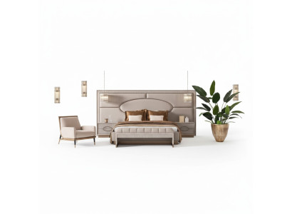 Set da camera da letto di lusso con letto matrimoniale e comodini, 5 pezzi, beige.
