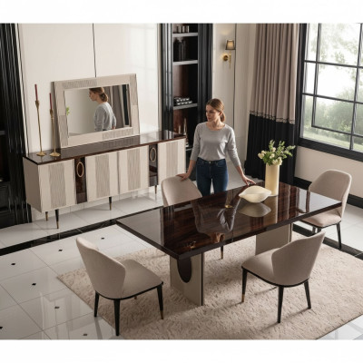 Angolo pranzo Sala da pranzo Set da pranzo di lusso Tavolo da pranzo Sedie Beige Legno Set 7 pezzi