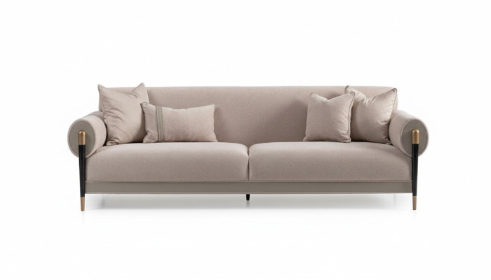 Divano in tessuto a tre posti, divano a 3 posti, divano imbottito dal design moderno beige nuovo.