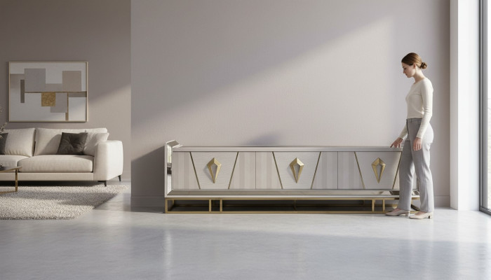 Mobile porta TV basso in legno grigio, tavolo moderno per il soggiorno.