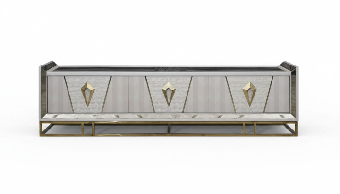 Mobile porta TV basso in legno grigio, tavolo moderno per il soggiorno.